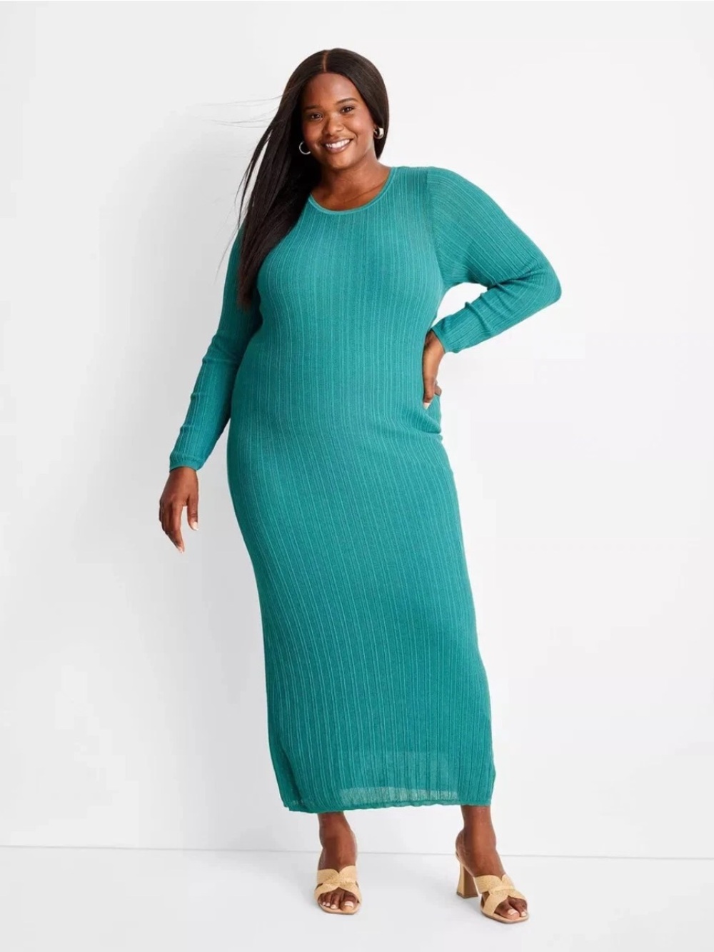 3X Long-Sleeve Ribbed Maxi Dress in Teal